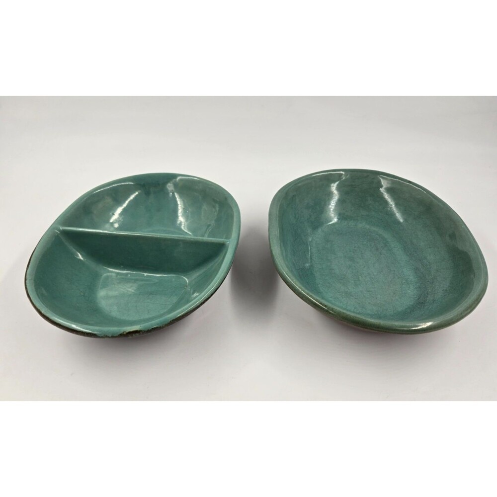 2 Vintage Red Wing Pottery Brown & Green VILLAGE SERVING DISHES Red Wing USA